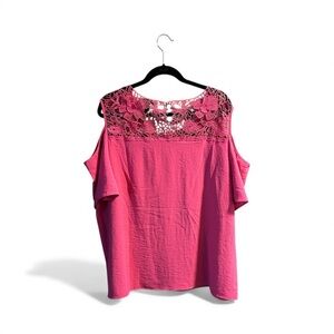 Plus Size Vibrant Pink Lace Cold Shoulder Blouse
